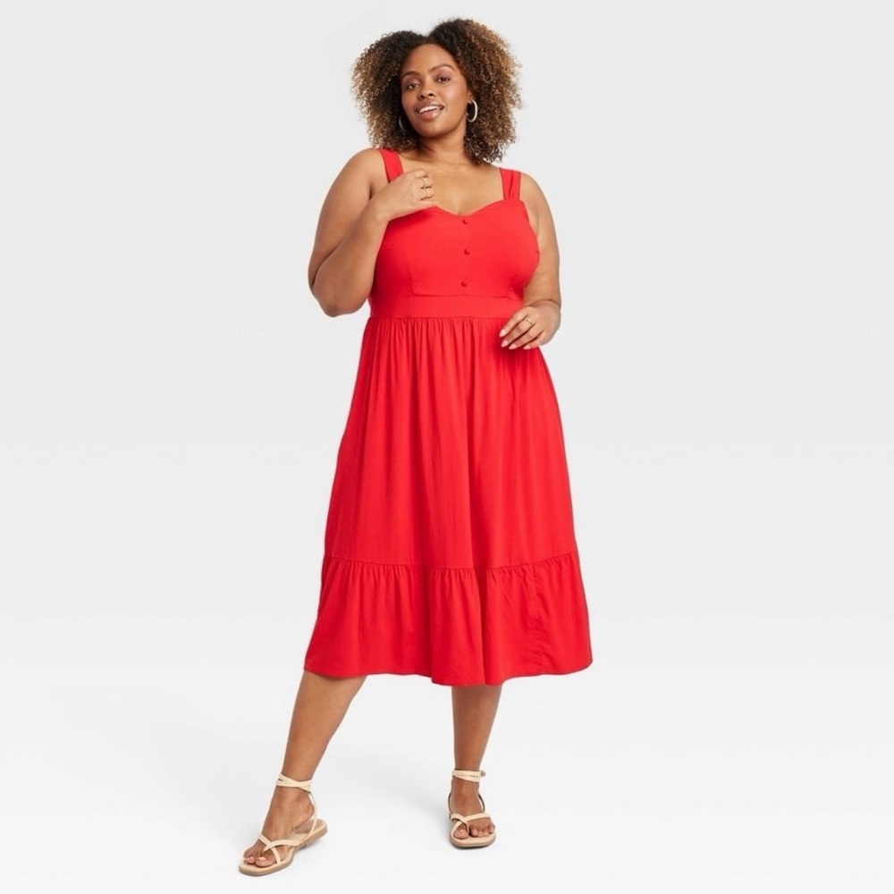 Ava & Viv Women's Red Midi Tank Dress Tiered 3X Plus Size NWT Stretch Holiday